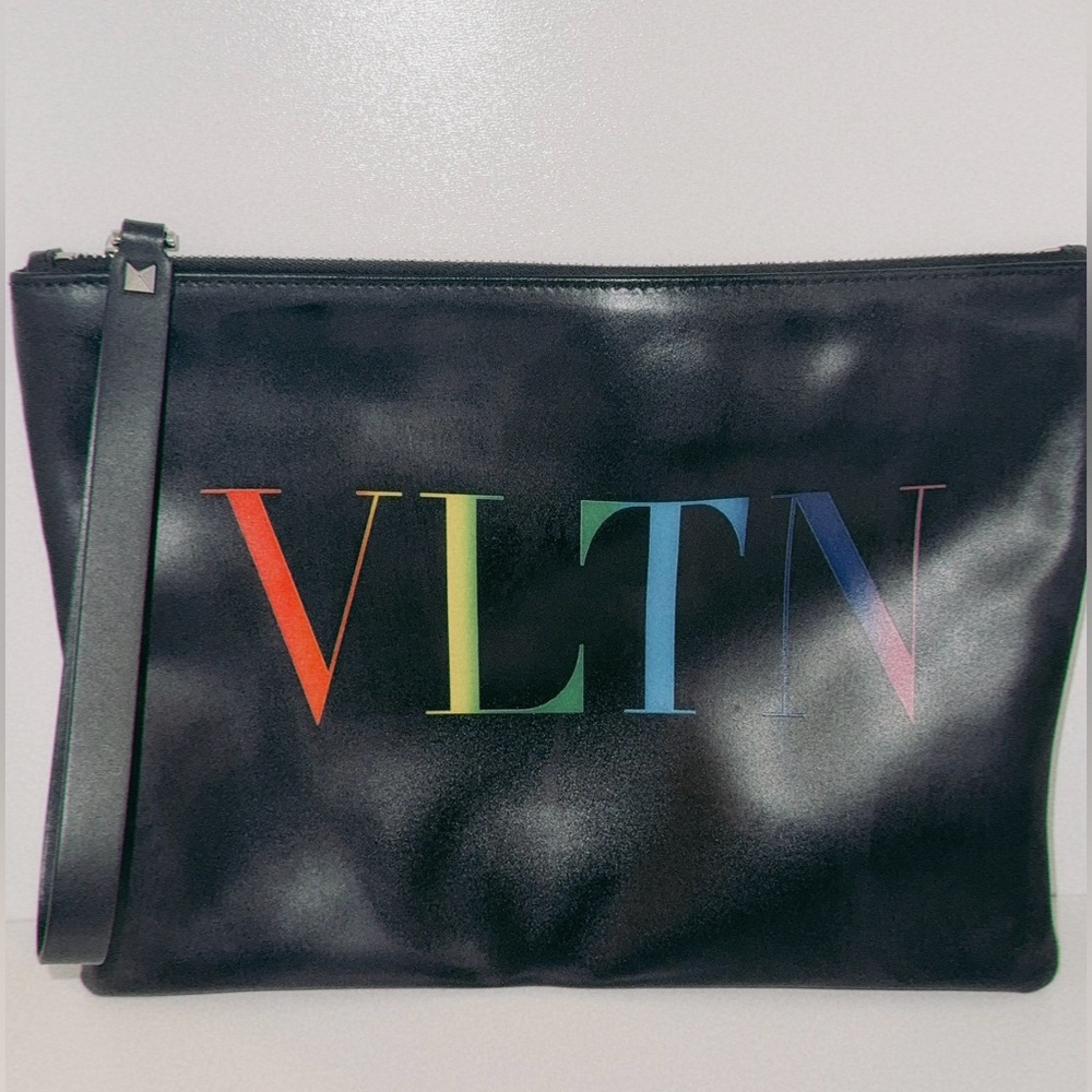 ~ SOLD ~ Valentino Garavani Rainbow VLTN Black Leather Clutch Wristlet